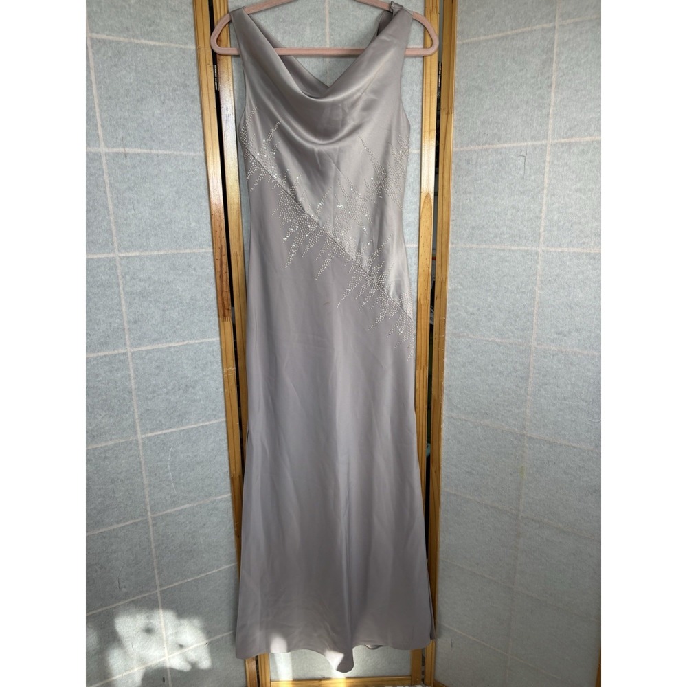 Vtg 80s Silver Metallic Floor Length Slip Dress Mesh Sequin Prom Formal Size S‎